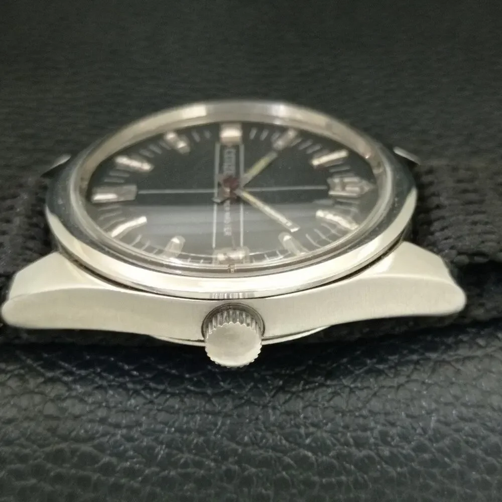 Vintage 1985 Citizen Manual Wound Mens Silver Watch W/Date & Black accents